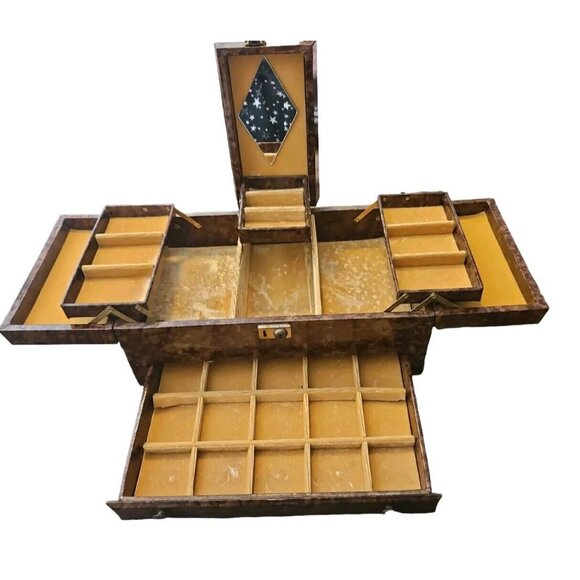 Unbranded Other - Vtg Jewelry Box Tri Fold Velvet Lined Gold Brown Marble Vinyl Mid Century